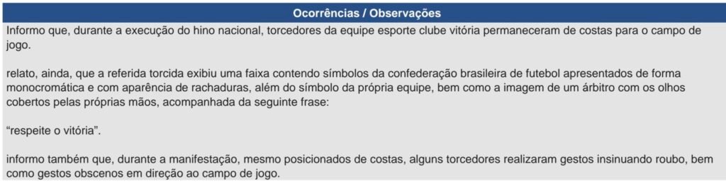 Trecho da súmula do jogo Vitória x Coritiba do dia 02 de maio de 2026.