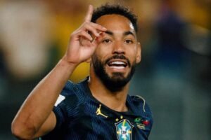 Matheus Cunha comemorando gol na Copa do Mundo. Brasil x Haiti