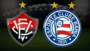 arte ilustrativa com campo de fundo e os escudos do Vitória e do Bahia no centro
