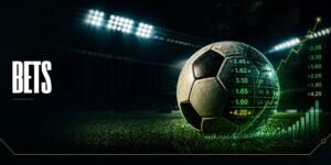 arte com bola de futebol em um campo em baixa luz e escrito 'bets'