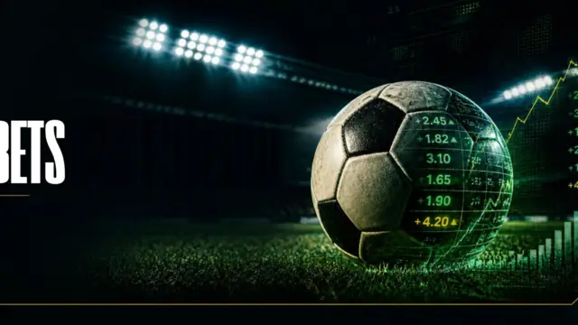 arte com bola de futebol em um campo em baixa luz e escrito 'bets'